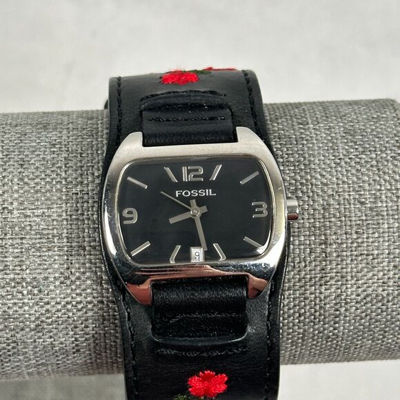 Fossil Watch Womens 31mm Date Floral Embroidered Band Silver Tone New Battery - Picture 1 of 11